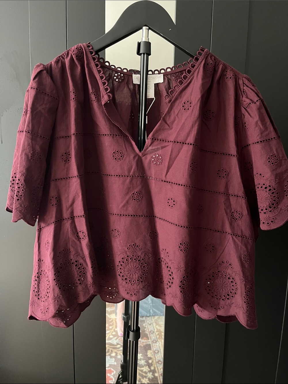 Eyelet V-Neck Top in Deep Burgundy